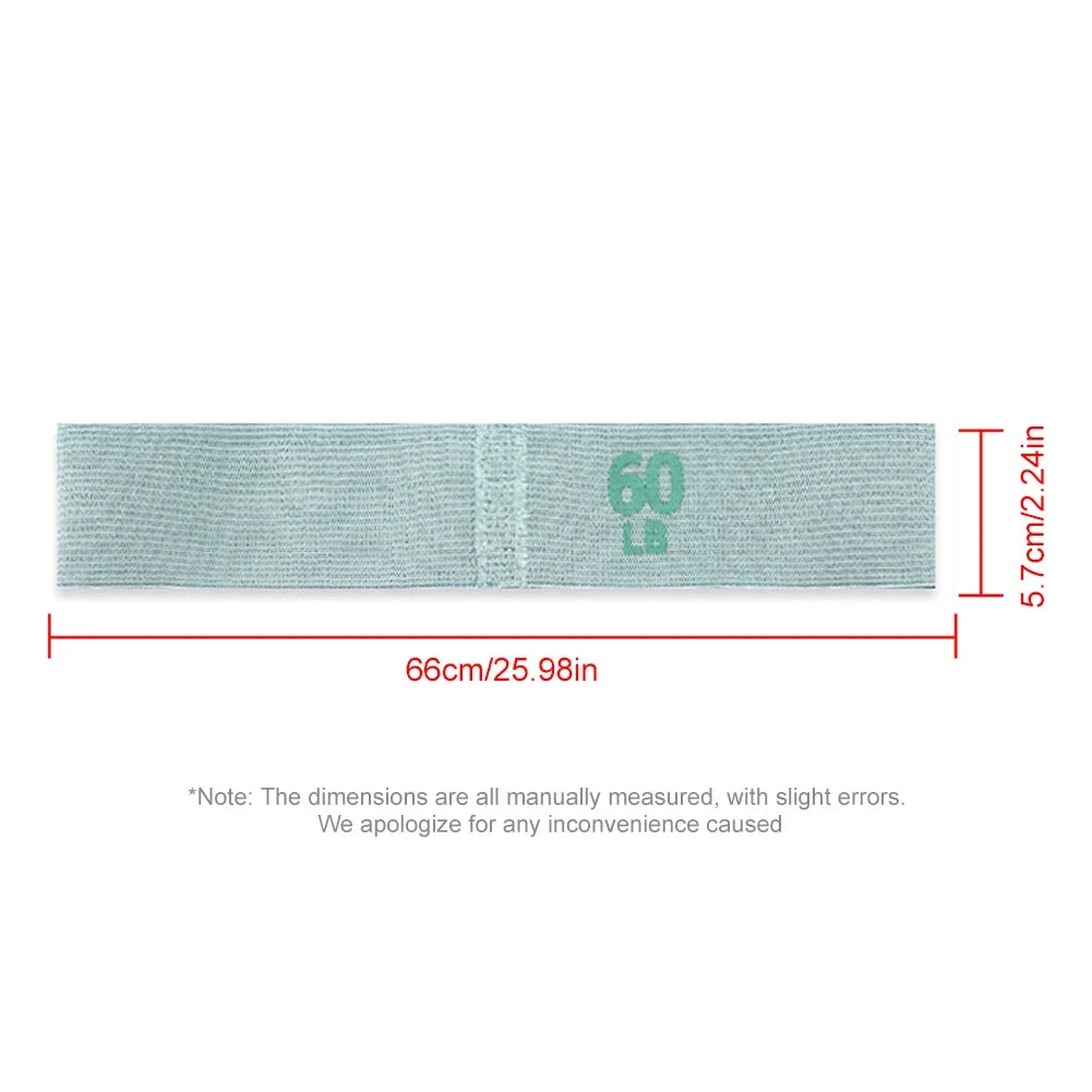 Measurement chart of a green resistance band with dimensions on a white background