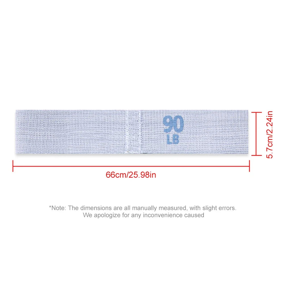 Measurement chart of a resistance band with weight label and dimensions on a white background