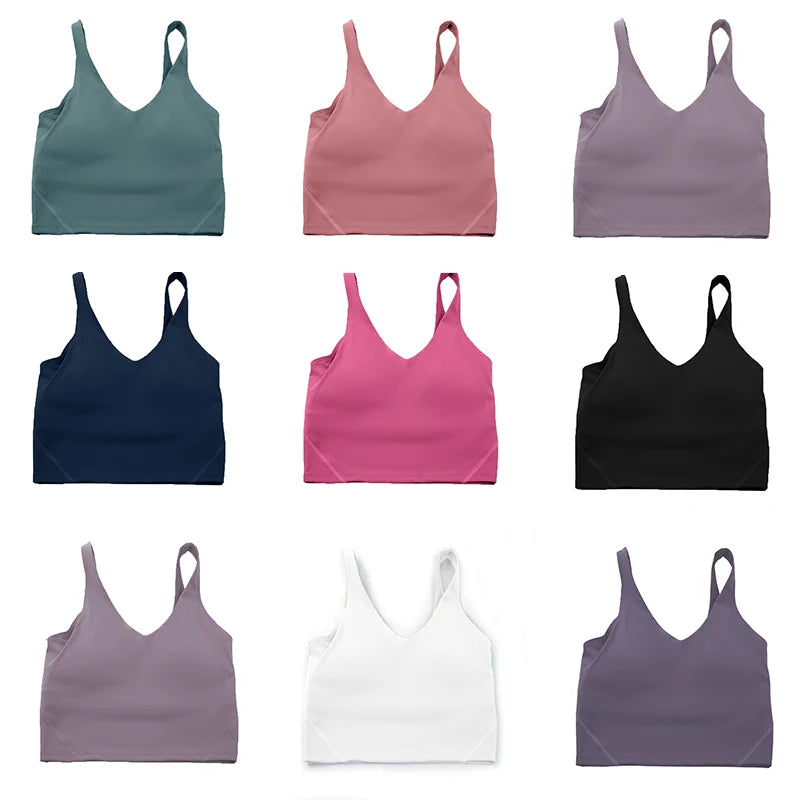 Nine tank tops in various colors on a white background