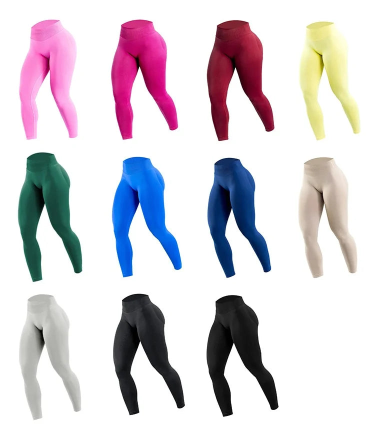 Collection of colorful leggings displayed against a white background