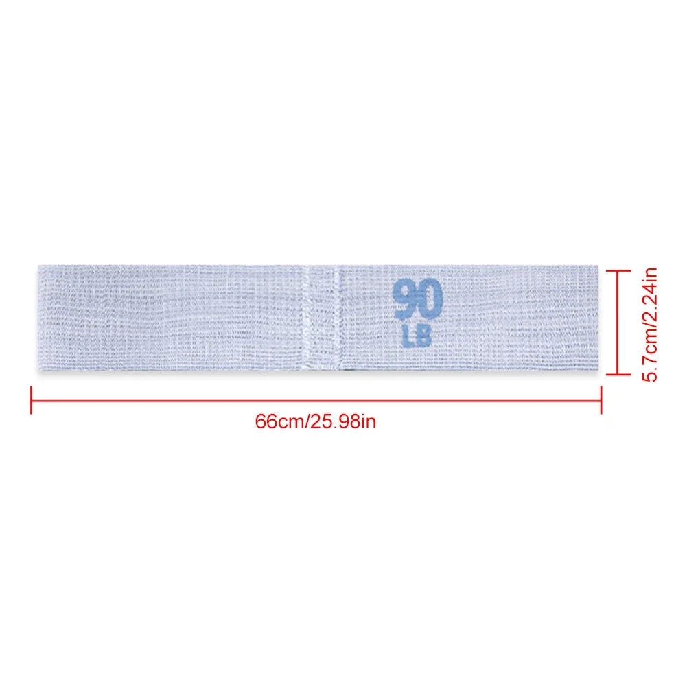 Measurement chart of a resistance band with weight label and dimensions on a white background