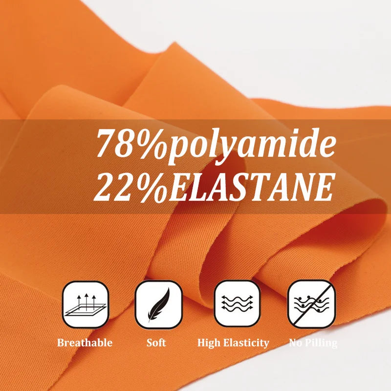 Orange fabric with text indicating polyamide and elastane content, and icons for fabric properties.