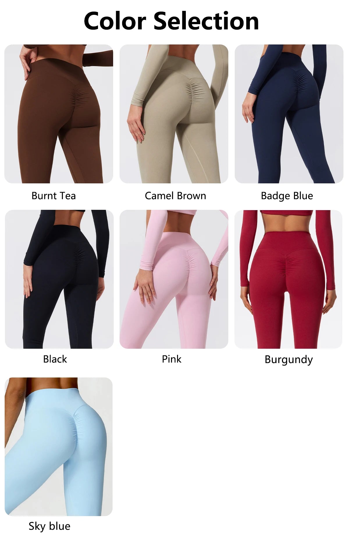 Color selection of leggings in various colors with labels.