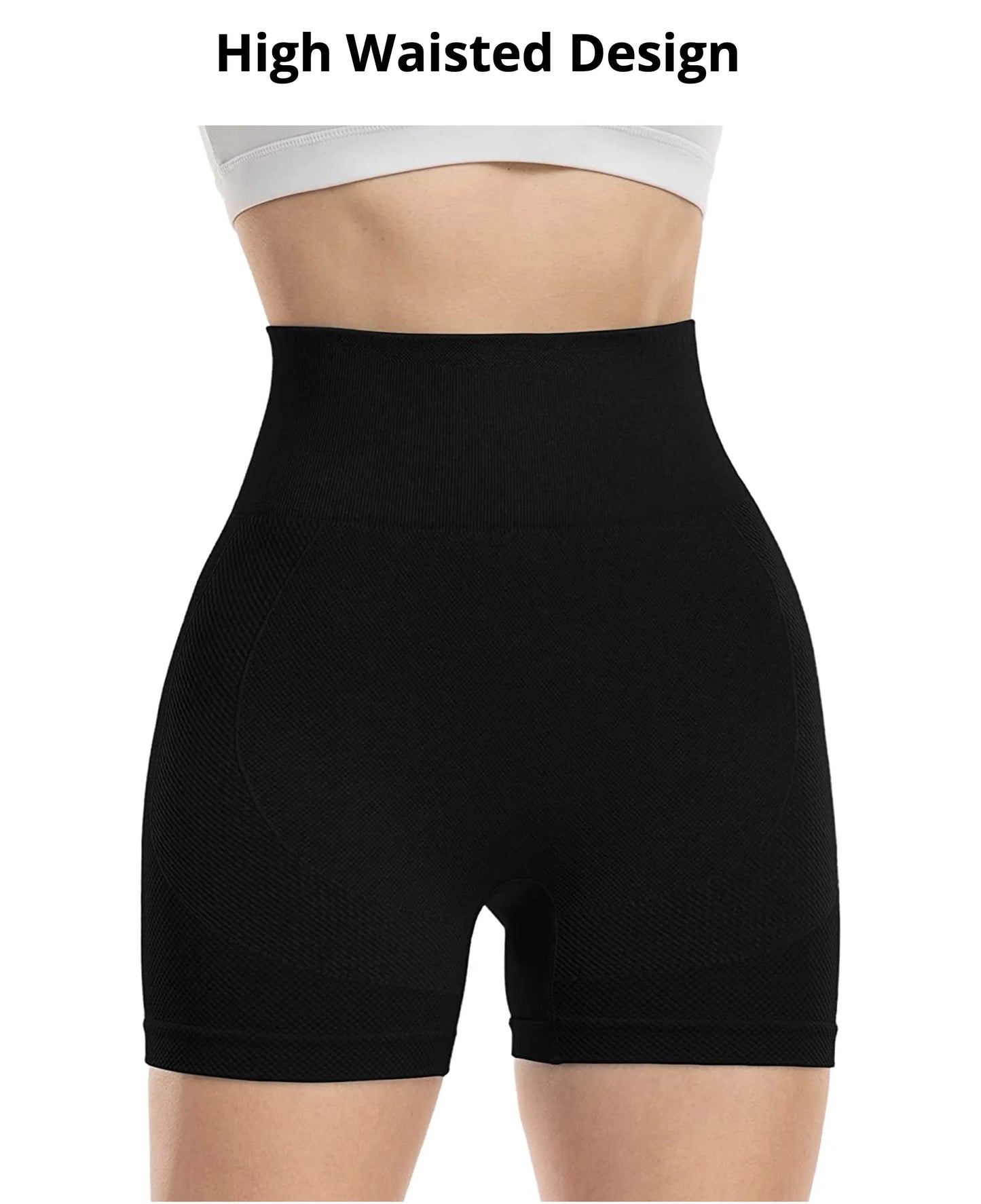 Black high-waisted shorts on a white background