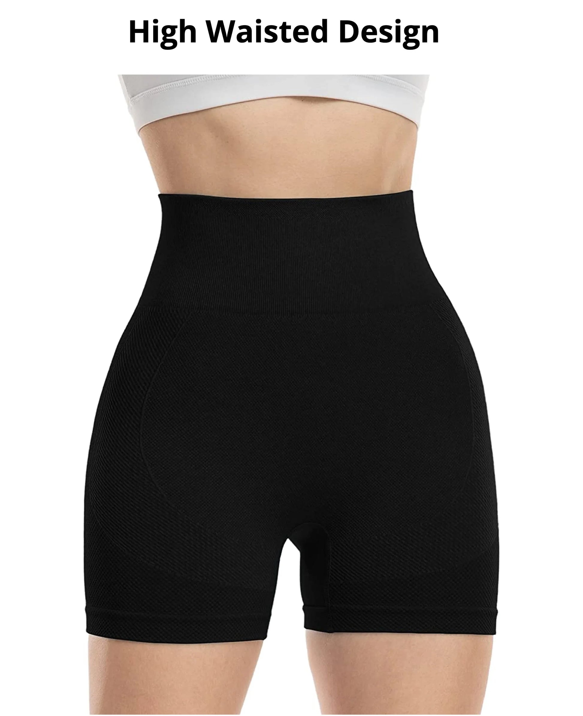 Black high-waisted shorts on a white background