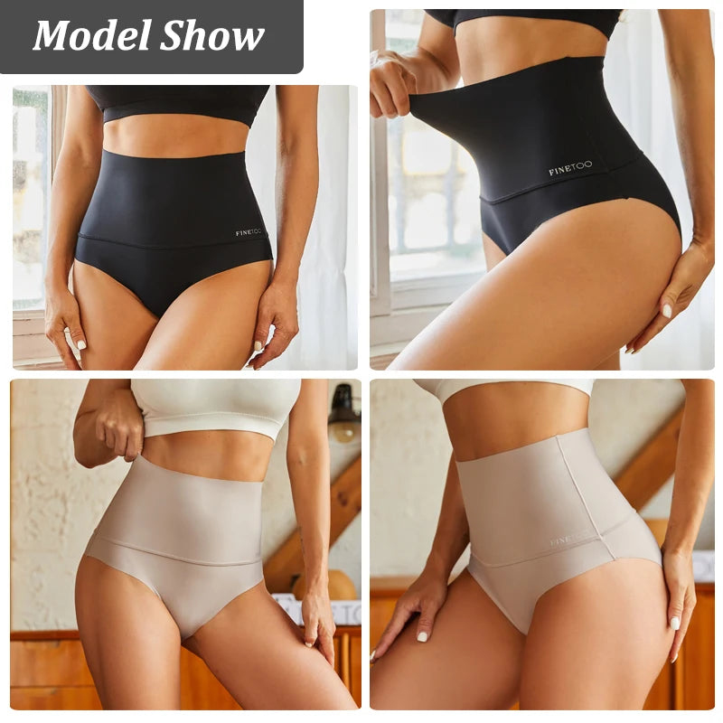 Four images showing a model wearing black and beige compression shorts with 'FINETTO' branding.