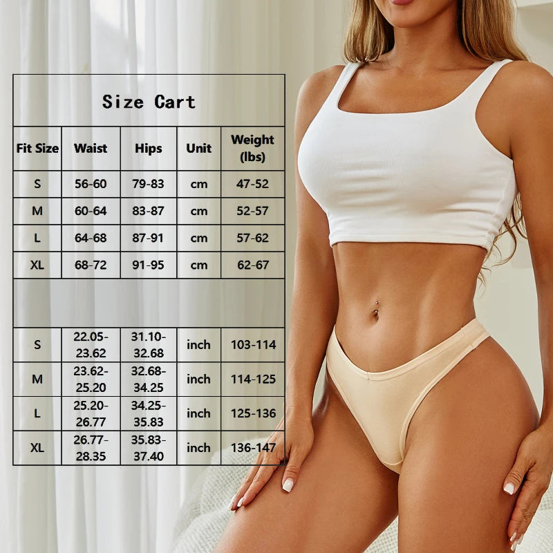 Woman wearing a white bikini with a size chart on a neutral background