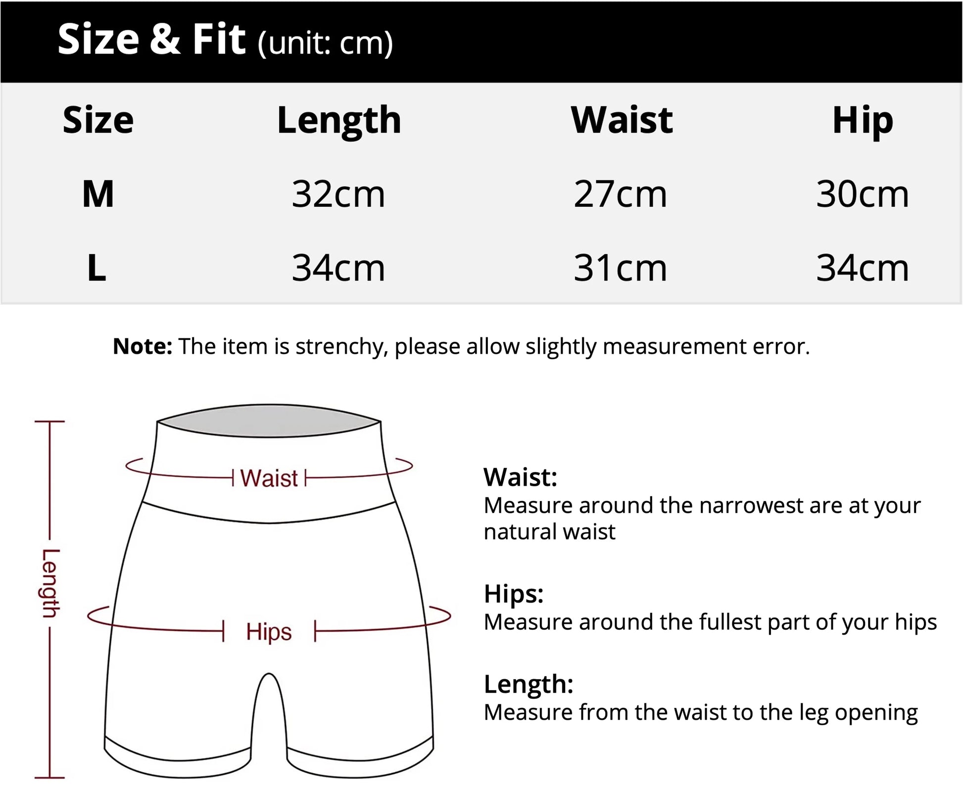 Size and fit chart for shorts with measurements in centimeters.