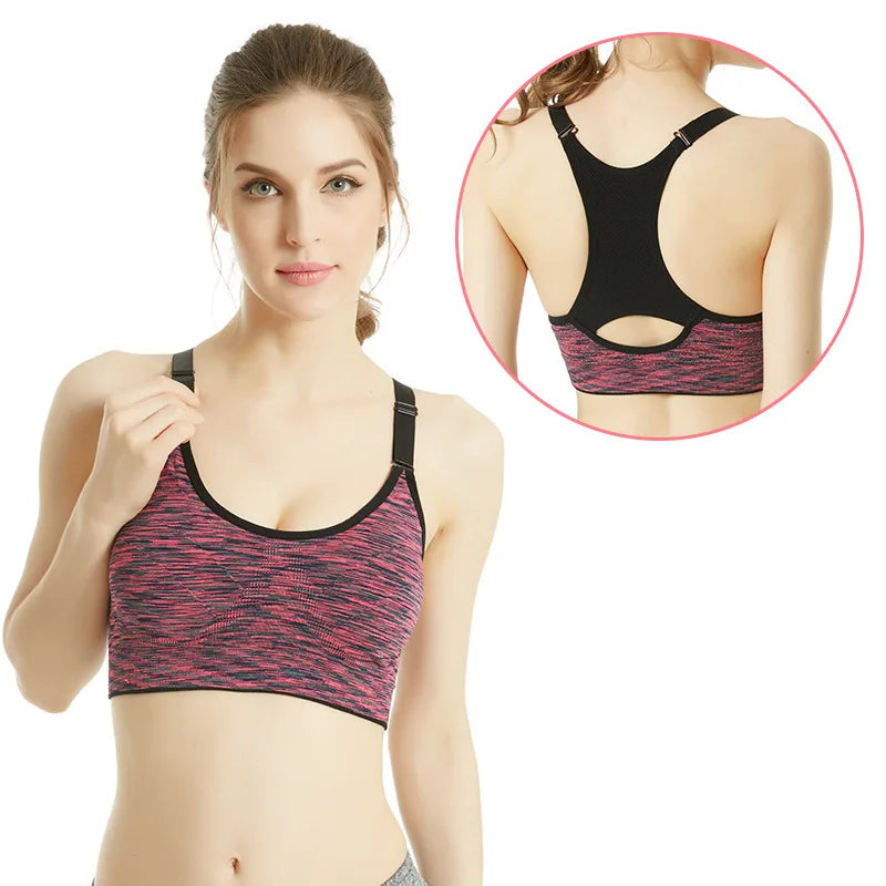 Woman wearing a black and pink sports bra with an inset showing the back design.