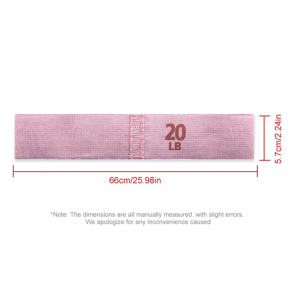 Pink resistance band with '20 LB' marking and measurements on a white background