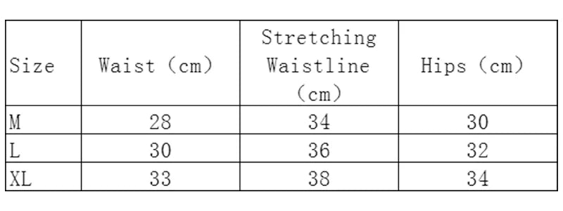 Table showing waist and hip measurements for different sizes.