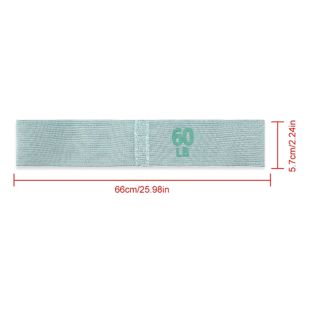 Measurement chart of a green resistance band with dimensions on a white background